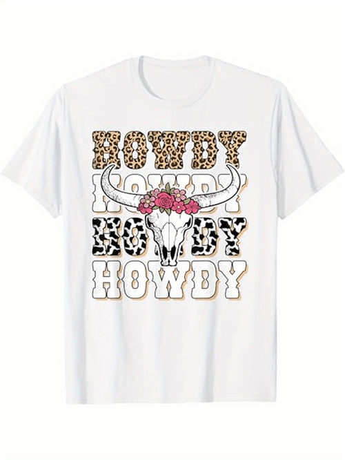Men's Graphic T-Shirt Howdy With Leopard Print Skull And Floral Accents On White Shirt