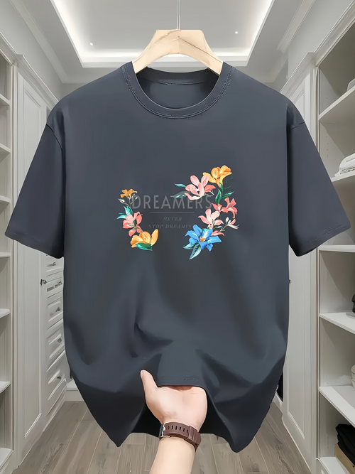 Men's Graphic T-Shirt Dream With Colorful Blossoms And Soaring Bluebird Surrounded By Floating Petals