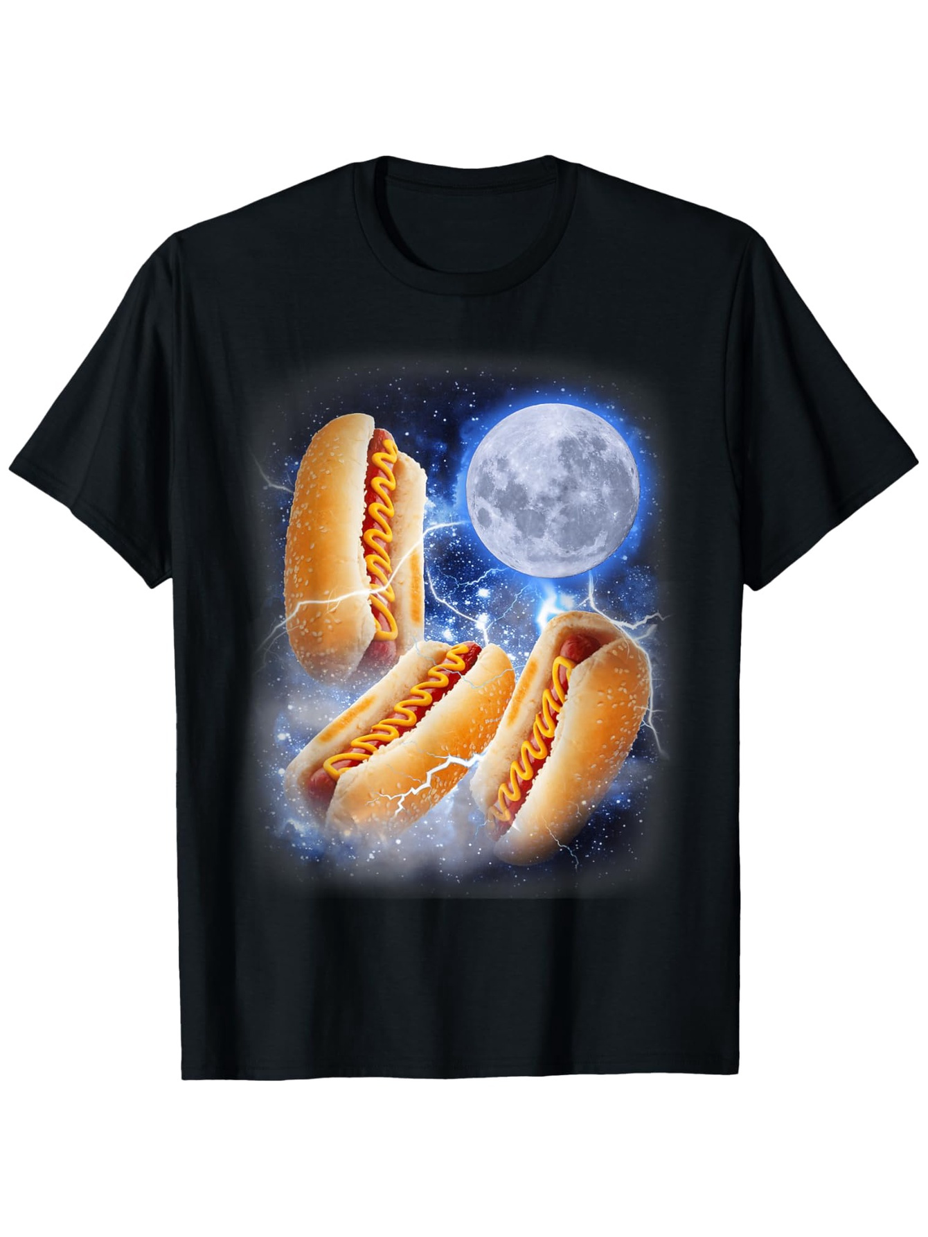 Men's Graphic T-Shirt Glowing Full Moon With Lightning Over Hot Dogs