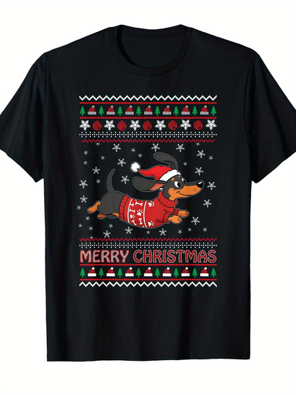 Men's Graphic T-Shirt Merry Christmas Running Dachshund Wearing Festive Red Sweater And Santa Hat Surrounded By Snowflakes