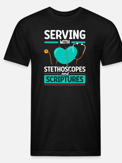 Men's Graphic T-Shirt Serving With Stethoscopes And Scriptures Surrounded By Blue Heart And Stethoscope