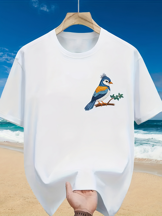 Men's Graphic T-Shirt Colorful Songbird With Branch Perched On Crisp White Shirt