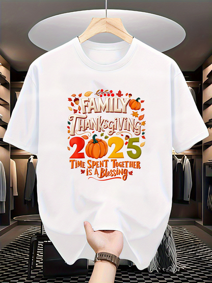 Men's Graphic T-Shirt Family Thanksgiving 2025 Autumn Leaves Pumpkins With Grateful Spirit Blessing Shirt