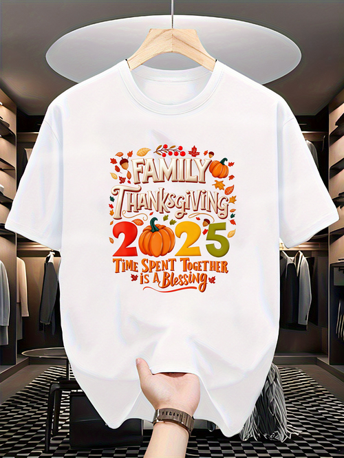 Men's Graphic T-Shirt Family Thanksgiving 2025 Autumn Leaves Pumpkins With Grateful Spirit Blessing Shirt
