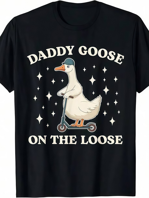 Men's Graphic T-Shirt Daddy Goose Wearing Helmet Riding Scooter Surrounded By Sparkling Stars Goose
