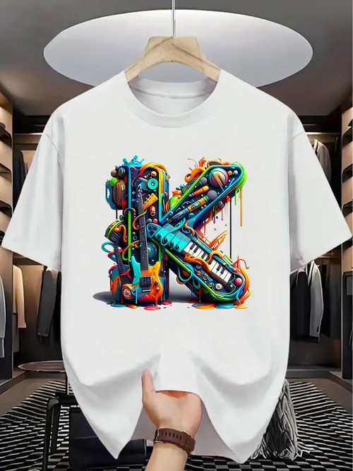 Men's Graphic T-Shirt Colorful Urban Graffiti With Neon Splashes Surrounding Large Funky Letter K