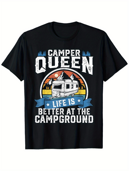 Men's Graphic T-Shirt Camper Queen Vintage Camper Sunset With Playful Rabbits Among Decorative Text