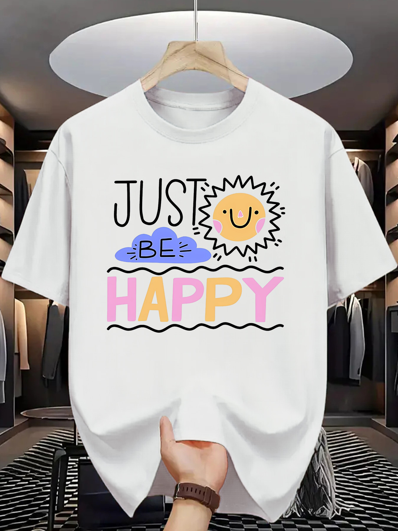 Men's Graphic T-Shirt Just Be Happy With Hand Drawn Cute Sun Clouds Lettering