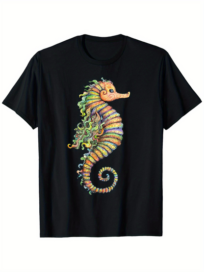 Men's Graphic T-Shirt Vibrant Colorful Lines And Pattern Forming Fantasy Seahorse