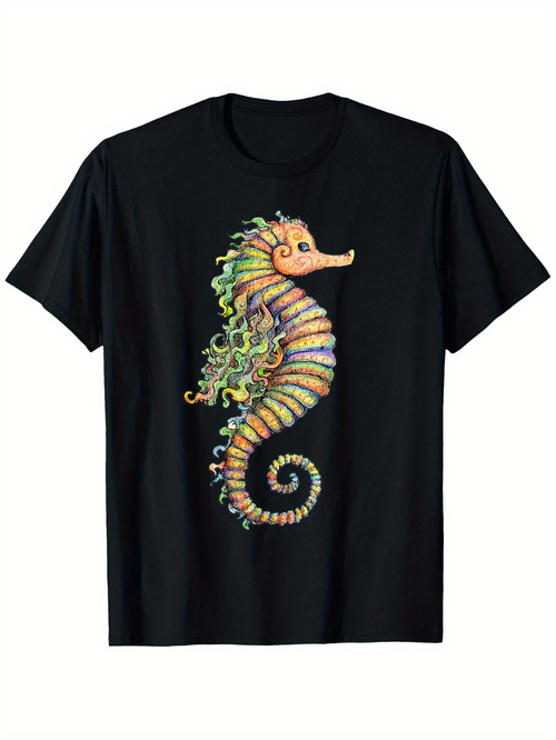 Men's Graphic T-Shirt Vibrant Colorful Lines And Pattern Forming Fantasy Seahorse