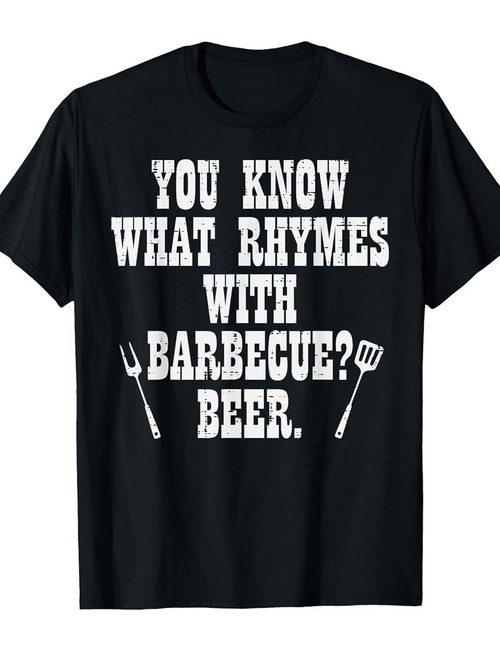 Men's Graphic T-Shirt You Know What Rhymes With Barbecue Beer With Grill Utensils On Black Tshirt