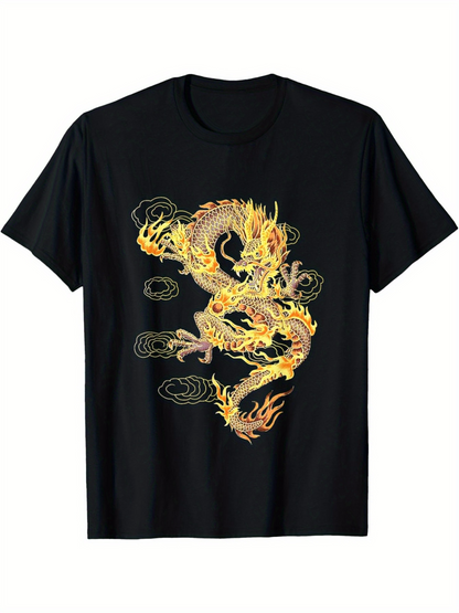 Men's Graphic T-Shirt Fiery Flames Dancing Among Golden Scales On Chinese Dragon