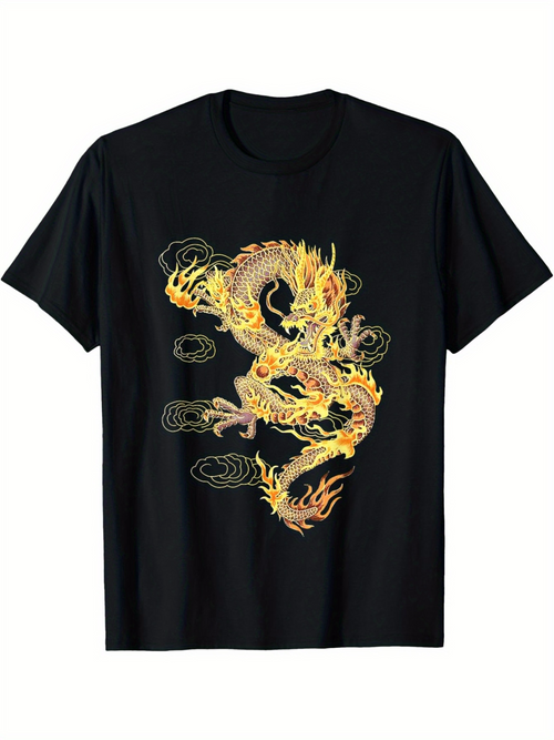Men's Graphic T-Shirt Fiery Flames Dancing Among Golden Scales On Chinese Dragon