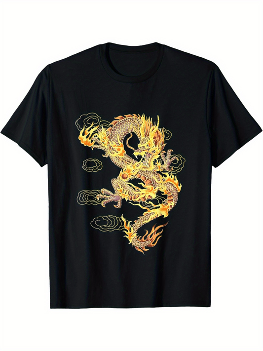 Men's Graphic T-Shirt Fiery Flames Dancing Among Golden Scales On Chinese Dragon