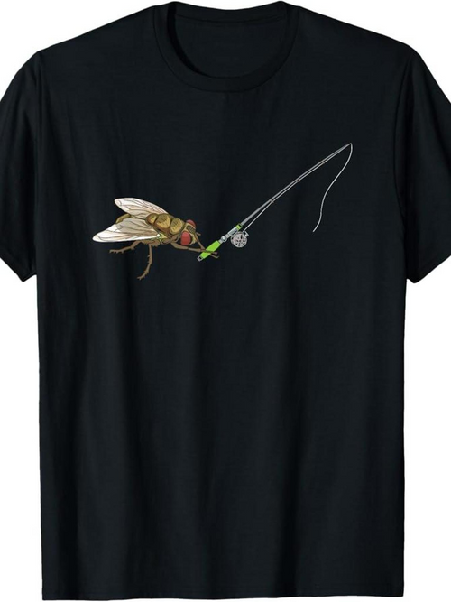 Men's Graphic T-Shirt Colorful Insect Holding A Fishing Rod Amid Flowing Gentle Breeze