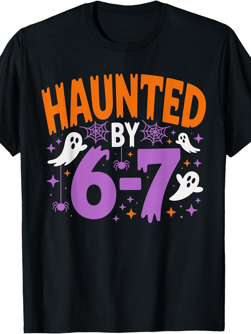 Men's Graphic T-Shirt Haunted By 6 7 With Cute Ghosts Bats And Decorative Spooky Elements