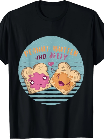 Men's Graphic T-Shirt Peanut Butter And Jelly Kawaii Toast Smiling Faces With Striped Blue Circle