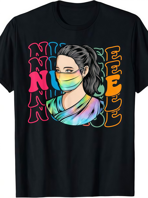 Men's Graphic T-Shirt Rainbow Medical Mask Woman Surrounded By Colorful Nurse Letters