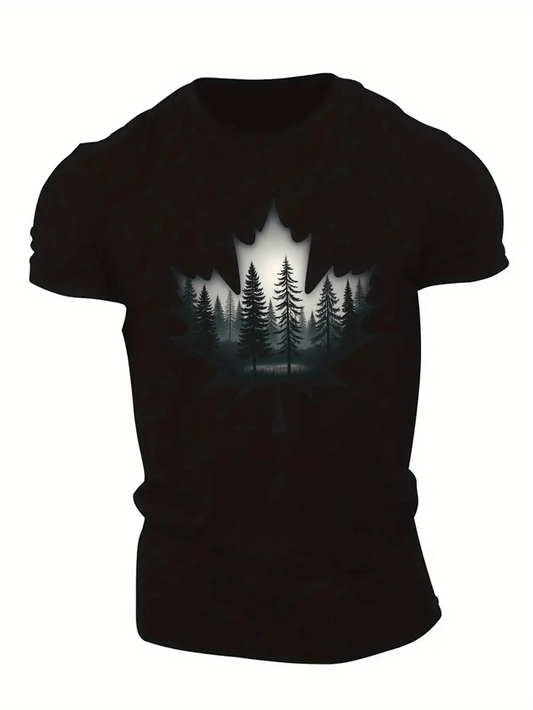 Men's Graphic T-Shirt Misty Pine Forest With Silhouetted Trees In Shadowy Maple Outline