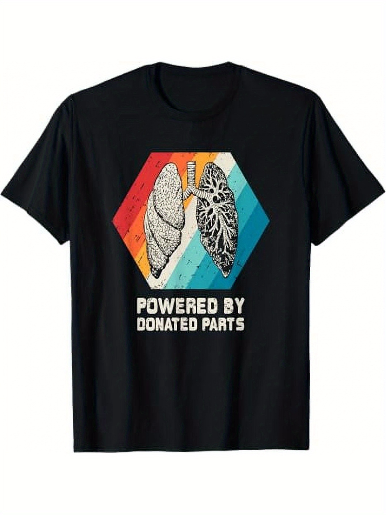 Men's Graphic T-Shirt Powered By Donated Parts Retro Hexagon With Anatomical Lungs Graphic