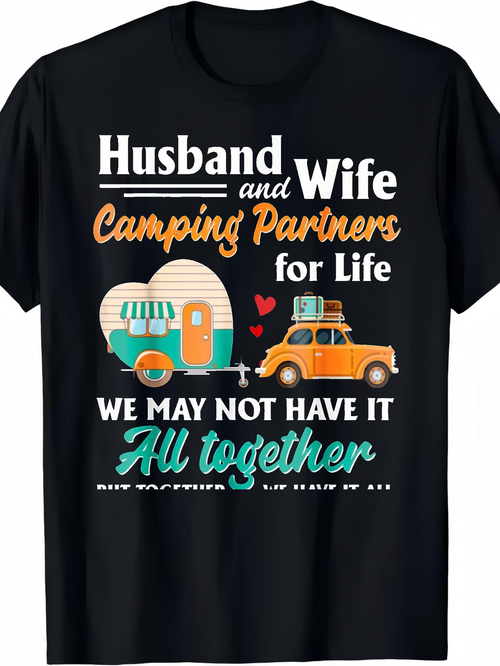 Men's Graphic T-Shirt Husband And Wife Vintage Car With Camper Heart Design Under Playful Lettering