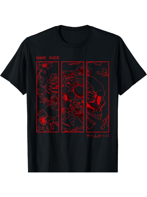 Men's Graphic T-Shirt Three Panel Red Rose And Skull Outline Illustration