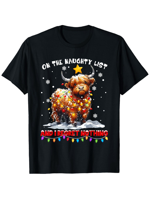 Men's Graphic T-Shirt On The Naughty List Festive Cute Highland Cow Wearing Christmas Lights