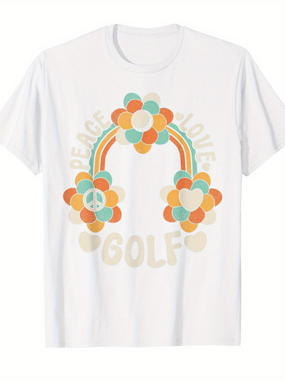 Men's Graphic T-Shirt Peace Love Golf With Retro Rainbow And Colorful Flower Pattern