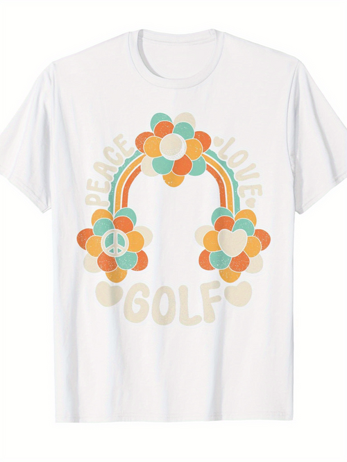 Men's Graphic T-Shirt Peace Love Golf With Retro Rainbow And Colorful Flower Pattern