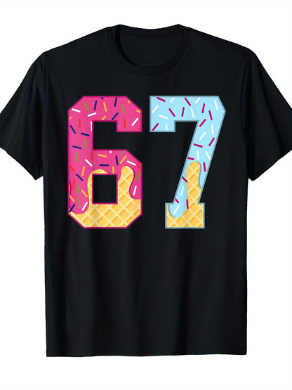 Men's Graphic T-Shirt Colorful Sprinkles And Waffle Patterned Number Sixty Seven