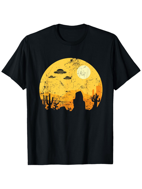 Men's Graphic T-Shirt Desert Sunset With Cacti Under Full Moon And Rock Silhouettes