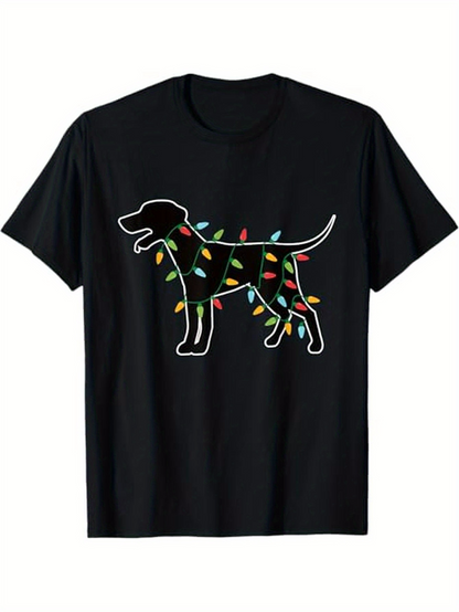 Men's Graphic T-Shirt Colorful Christmas Lights Decorating Outlined Playful Dog Silhouette