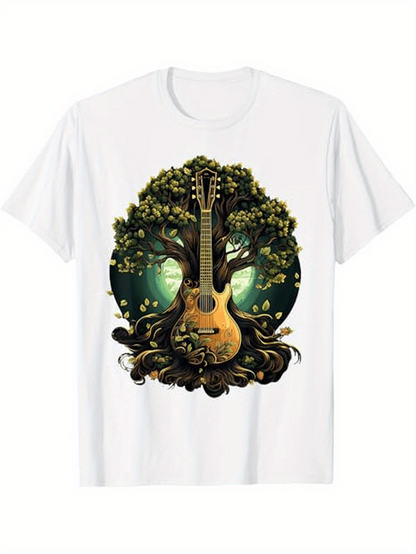Men's Graphic T-Shirt Golden Light Among Ancient Roots And Blossoming Branches Guitar