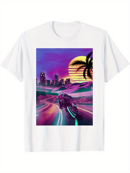 Men's Graphic T-Shirt Neon City Highway At Sunset With Motorcycle Under Palm Tree