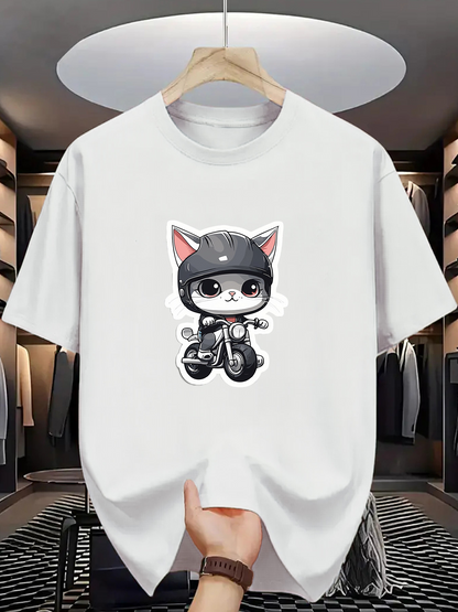 Men's Graphic T-Shirt Cute Cat Wearing Helmet Riding A Motorcycle Illustration Cat