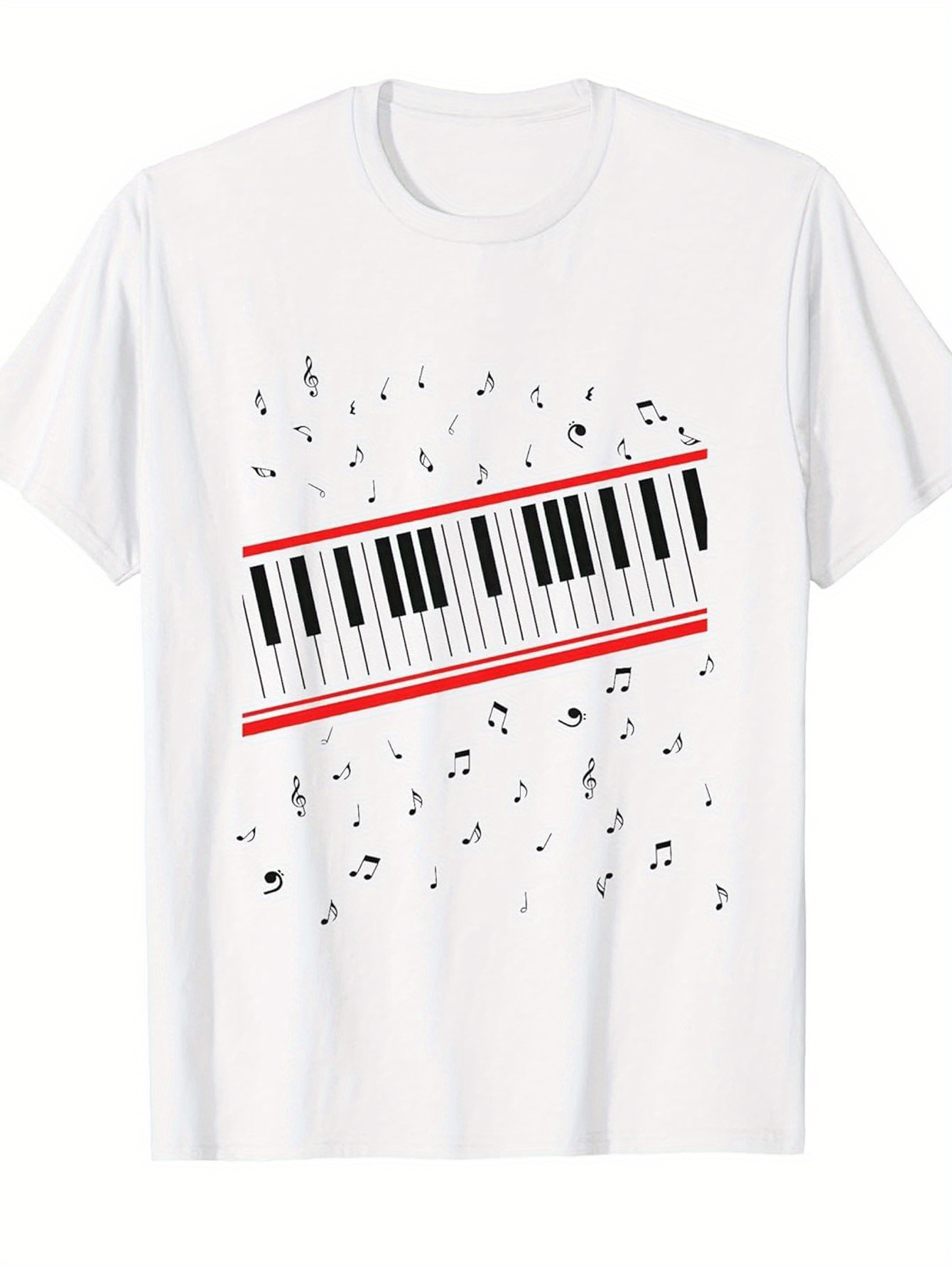 Men's Graphic T-Shirt Flowing Scattered Notes With Red Lines On Diagonal Piano Keyboard