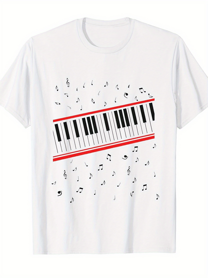 Men's Graphic T-Shirt Flowing Scattered Notes With Red Lines On Diagonal Piano Keyboard