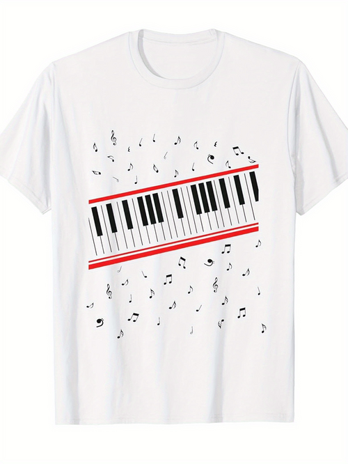 Men's Graphic T-Shirt Flowing Scattered Notes With Red Lines On Diagonal Piano Keyboard