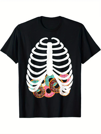 Men's Graphic T-Shirt Colorful Iced Doughnuts Surrounded By Skeleton Ribcage Bones Treat