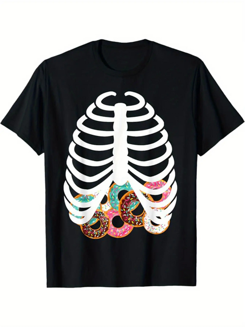 Men's Graphic T-Shirt Colorful Iced Doughnuts Surrounded By Skeleton Ribcage Bones Treat