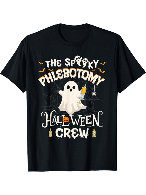 Men's Graphic T-Shirt The Spooky Halloween Crew With Floating Ghost Holding Needle