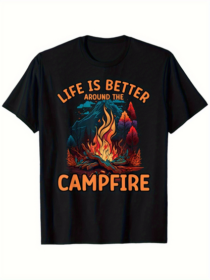 Men's Graphic T-Shirt Life Is Better Around The Campfire With Glowing Embers And Night Forest Campfire