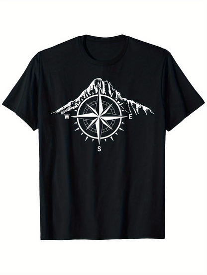 Men's Graphic T-Shirt Snow Capped Mountain With Compass And Directional Letters Centerpiece