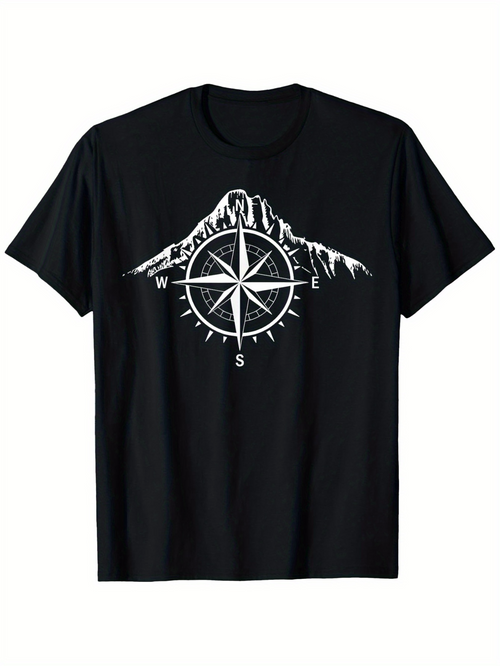 Men's Graphic T-Shirt Snow Capped Mountain With Compass And Directional Letters Centerpiece