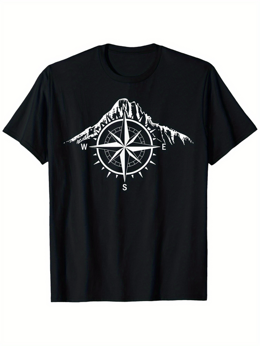 Men's Graphic T-Shirt Snow Capped Mountain With Compass And Directional Letters Centerpiece