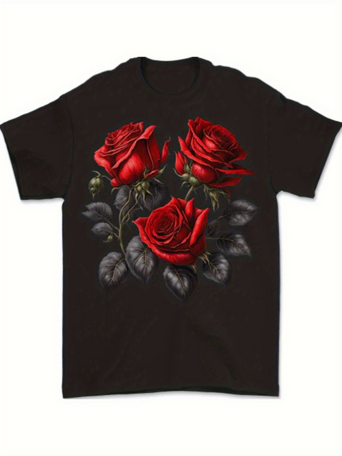 Men's Graphic T-Shirt Vivid Realistic Red Flowers Blooming With Dewy Petals And Lush Green Leaves Rose