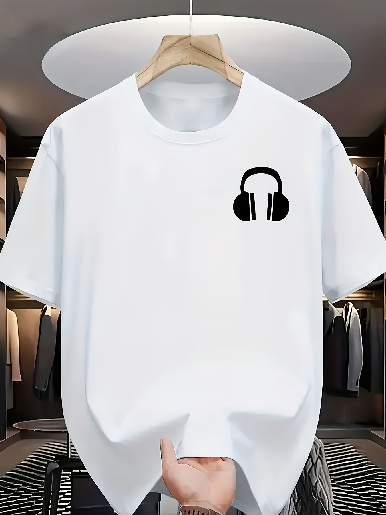 Men's Graphic T-Shirt Classic Minimal Black Headphones On Crisp White Cotton T Shirt