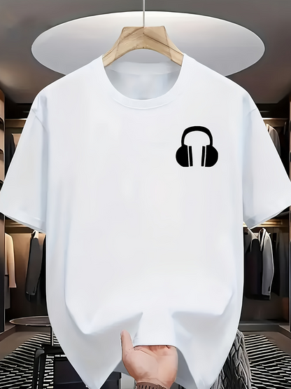 Men's Graphic T-Shirt Classic Minimal Black Headphones On Crisp White Cotton T Shirt