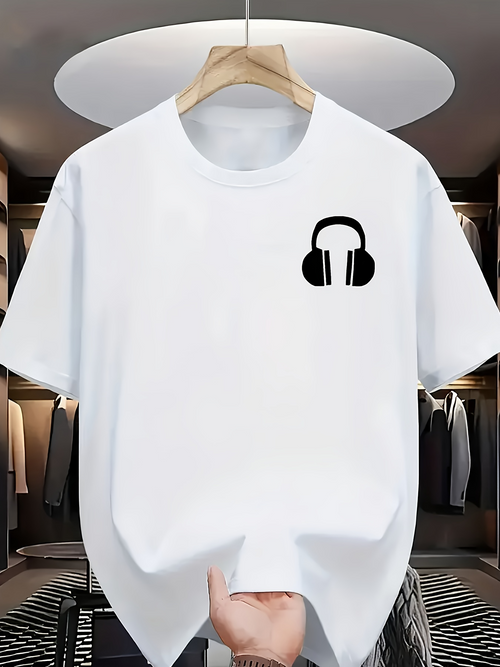 Men's Graphic T-Shirt Classic Minimal Black Headphones On Crisp White Cotton T Shirt