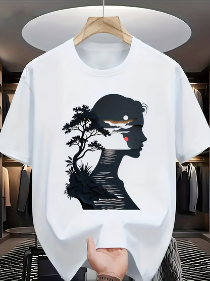 Men's Graphic T-Shirt Calm River Reflections With Sunset And Silhouette Of Woman